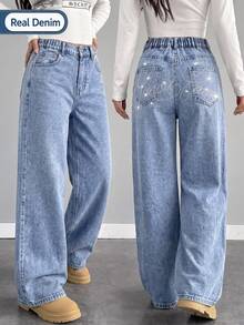 Tween Girl) New Casual Fashion Minimalist Versatile All-Season Mid-Blue Washed Denim Jeans, Classic 5-Pocket Style With Shiny Letter Rhinestone Design On Back, Cotton Loose Soft Straight-Leg Wide-Leg Jeans, Suitable For Daily Wear And Vacation - Medium Wash - View 2