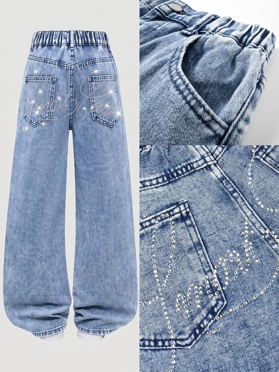 Tween Girl) New Casual Fashion Minimalist Versatile All-Season Mid-Blue Washed Denim Jeans, Classic 5-Pocket Style With Shiny Letter Rhinestone Design On Back, Cotton Loose Soft Straight-Leg Wide-Leg Jeans, Suitable For Daily Wear And Vacation - Medium Wash - View 1