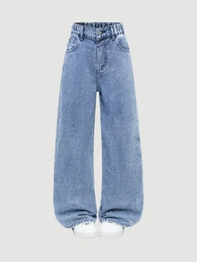 Tween Girl) New Casual Fashion Minimalist Versatile All-Season Mid-Blue Washed Denim Jeans, Classic 5-Pocket Style With Shiny Letter Rhinestone Design On Back, Cotton Loose Soft Straight-Leg Wide-Leg Jeans, Suitable For Daily Wear And Vacation - Medium Wash - View 5