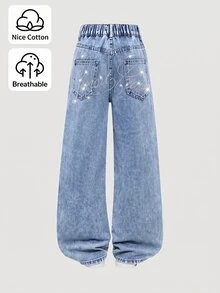 Tween Girl) New Casual Fashion Minimalist Versatile All-Season Mid-Blue Washed Denim Jeans, Classic 5-Pocket Style With Shiny Letter Rhinestone Design On Back, Cotton Loose Soft Straight-Leg Wide-Leg Jeans, Suitable For Daily Wear And Vacation - Medium Wash - View 3