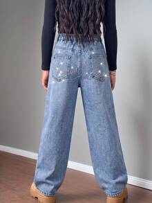 Tween Girl) New Casual Fashion Minimalist Versatile All-Season Mid-Blue Washed Denim Jeans, Classic 5-Pocket Style With Shiny Letter Rhinestone Design On Back, Cotton Loose Soft Straight-Leg Wide-Leg Jeans, Suitable For Daily Wear And Vacation - Medium Wash - View 4