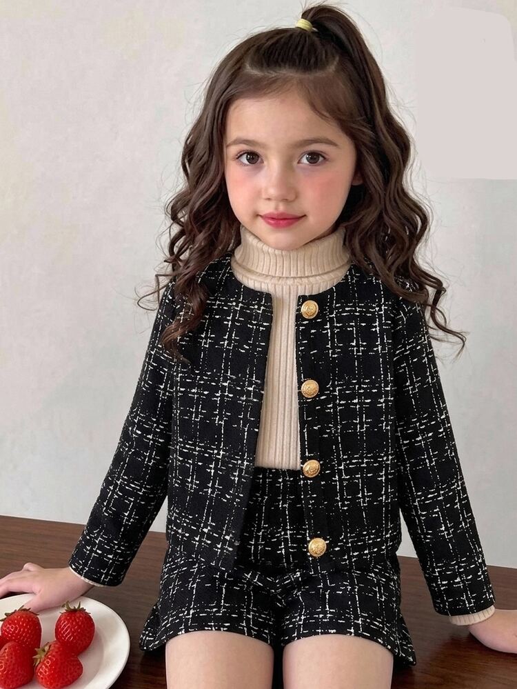SHEIN Kids Young Girl Plaid Long Sleeve Jacket And Shorts Set - Black - View 10