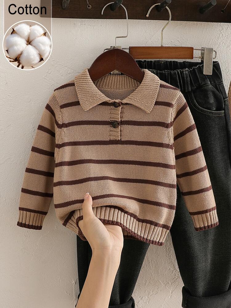 SHEIN Baby Boy Striped Contrast Color Knit Sweater, Suitable For Spring, Autumn, Winter Christmas Halloween Sweater, Autumn Fall Jumpers Pullover - Khaki - View 3