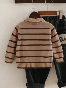 SHEIN 男嬰條紋對比色針織毛衣，適合春季、秋季、冬季，聖誕節萬聖節毛衣，秋季套頭針織衫 - 卡其色 - 查看 2