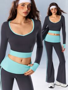 VARSIVA Women's Casual Colorblock Long Sleeve Cropped Sports T-Shirt - Multicolor - View 11