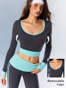 VARSIVA Women's Casual Colorblock Long Sleeve Cropped Sports T-Shirt - Multicolor - View 10