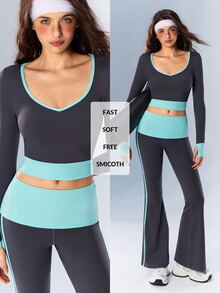 VARSIVA Women's Casual Colorblock Long Sleeve Cropped Sports T-Shirt - Multicolor - View 12