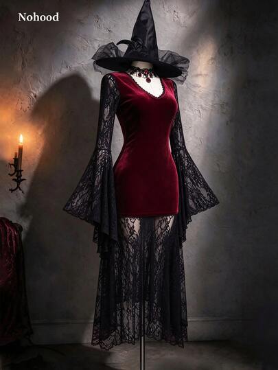 SaltGleam SaltGleam Gothic Style Burgundy Velvet Deep V-Neck Cinched Waist Multi-Layer Lace Skirt Bell Sleeve Design Dark Vintage Style Dress