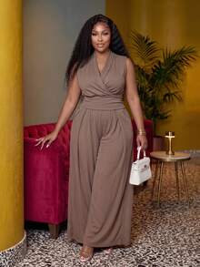 Veslaya Spring/Summer Women's Plus Size Tummy Control Fit Breathable Elegant Casual Chocolate Brown 2 Pieces Set Dinner Party - Khaki - View 2