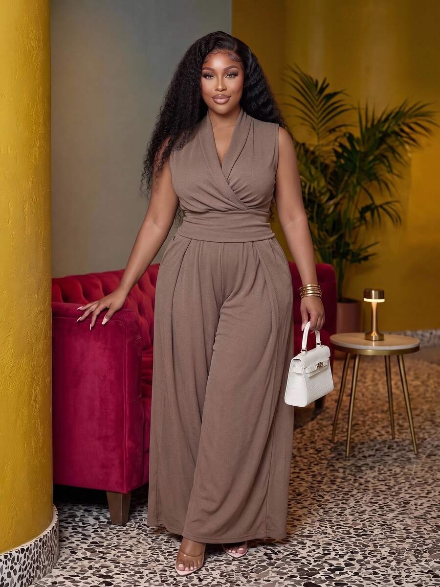 Veslaya Spring/Summer Women's Plus Size Tummy Control Fit Breathable Elegant Casual Chocolate Brown 2 Pieces Set Dinner Party