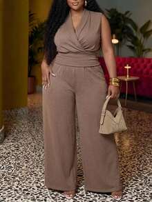 Veslaya Spring/Summer Women's Plus Size Tummy Control Fit Breathable Elegant Casual Chocolate Brown 2 Pieces Set Dinner Party - Khaki - View 3