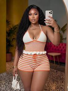 Veslaya Plus Size Women's Striped Halter Knit Top And Knit Shorts Set, Casual Basic Style For Birthday Party, Daily Wear, Vacation, Cruise, Beach Summer - Orange - View 1