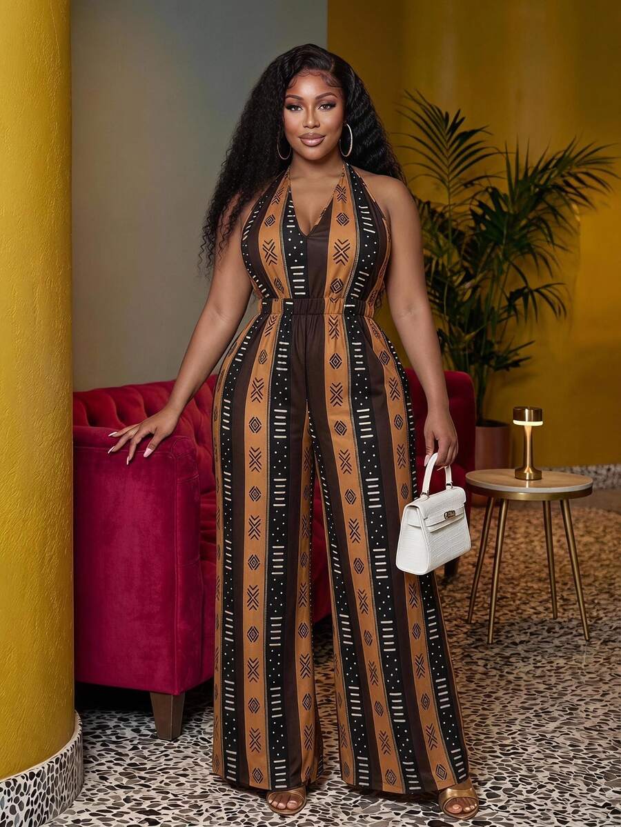 Veslaya Spring/Summer Women's Plus Size Tummy Control Fit Breathable Elegant Boho Bohemian Print Deep V-Neck Tie Wide Leg Jumpsuit Vacation Evening Black