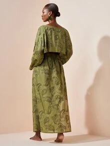 Zivah White Summer Boho Sexy Beach Golf Holiday Elegant Embroidered Batwing Sleeve Top And High Slit Hem Skirt Set Vacation Swimwear Cover Ups For Women - Army Green - View 4