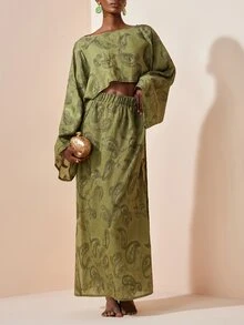 Zivah White Summer Boho Sexy Beach Golf Holiday Elegant Embroidered Batwing Sleeve Top And High Slit Hem Skirt Set Vacation Swimwear Cover Ups For Women - Army Green - View 5