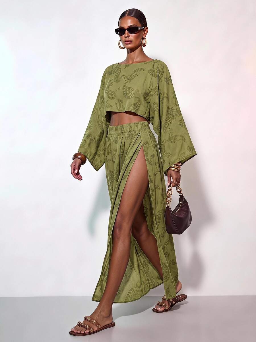 Zivah White Summer Boho Sexy Beach Golf Holiday Elegant Embroidered Batwing Sleeve Top And High Slit Hem Skirt Set Vacation Swimwear Cover Ups For Women