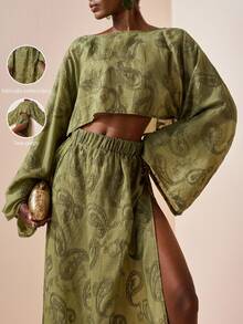 Zivah White Summer Boho Sexy Beach Golf Holiday Elegant Embroidered Batwing Sleeve Top And High Slit Hem Skirt Set Vacation Swimwear Cover Ups For Women - Army Green - View 3