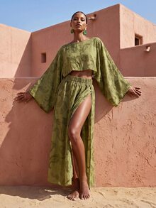 Zivah White Summer Boho Sexy Beach Golf Holiday Elegant Embroidered Batwing Sleeve Top And High Slit Hem Skirt Set Vacation Swimwear Cover Ups For Women - Army Green - View 8