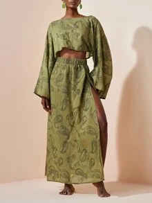 Zivah White Summer Boho Sexy Beach Golf Holiday Elegant Embroidered Batwing Sleeve Top And High Slit Hem Skirt Set Vacation Swimwear Cover Ups For Women - Army Green - View 6