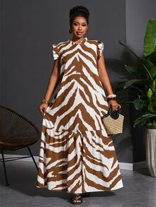 Veslaya Plus Size Casual Dress With All-Over Print - Brown - View 5
