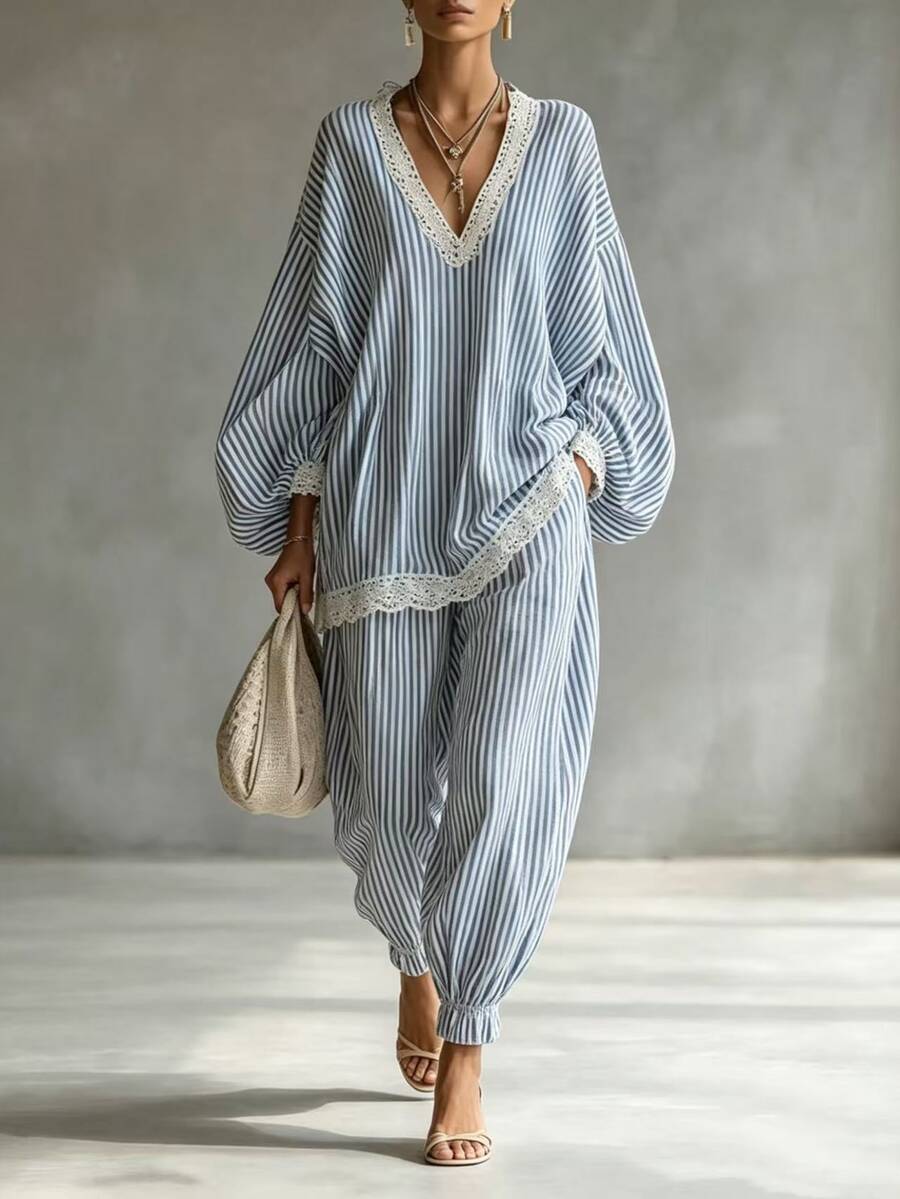 SHEIN Holidaya 女款法式優雅條紋蕾絲拼接襯衫與寬鬆收口長褲套裝,度假海灘風 - 藍色 - 查看 1