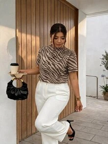 Firerie Plus Size Women's Fashion Elegant Office Blouse, With Ruffle Shoulder And Puff Sleeve Design (Zebra Print Brown/Back To School/Teacher Uniform/Vintage Style) - Multicolor - View 1