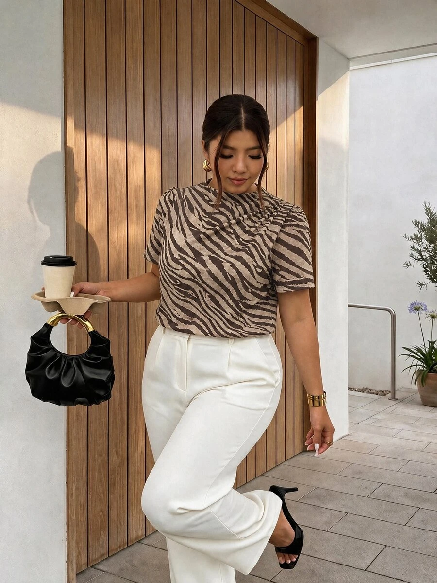 Firerie Plus Size Women's Fashion Elegant Office Blouse, With Ruffle Shoulder And Puff Sleeve Design (Zebra Print Brown/Back To School/Teacher Uniform/Vintage Style) - Multicolor - View 1