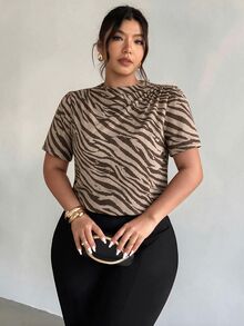 Firerie Plus Size Women's Fashion Elegant Office Blouse, With Ruffle Shoulder And Puff Sleeve Design (Zebra Print Brown/Back To School/Teacher Uniform/Vintage Style) - Multicolor - View 5