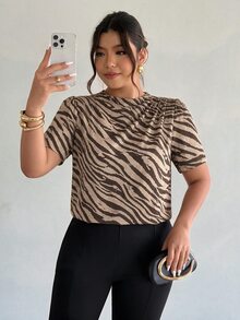 Firerie Plus Size Women's Fashion Elegant Office Blouse, With Ruffle Shoulder And Puff Sleeve Design (Zebra Print Brown/Back To School/Teacher Uniform/Vintage Style) - Multicolor - View 6