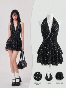 Elamini Black And White Polka Dot,Summer,1960s Vintage,Holiday,Tea Party,Holiday Women's Deep V-Neck Halter Backless Fitted Mini Dress With Ruffle Hem,Boho - Black - View 1