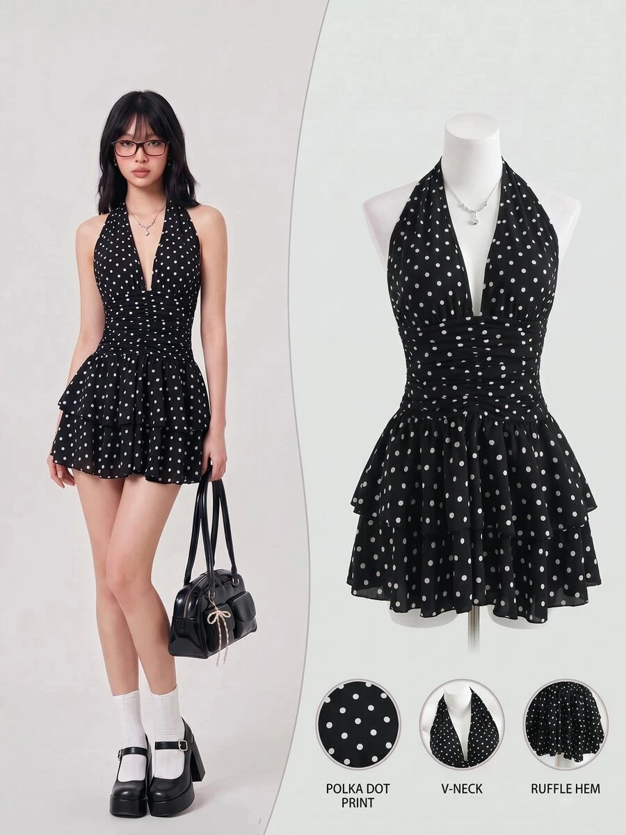 Elamini Black And White Polka Dot,Summer,1960s Vintage,Holiday,Tea Party,Holiday Women's Deep V-Neck Halter Backless Fitted Mini Dress With Ruffle Hem,Boho - Black - View 1