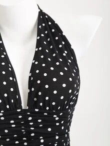 Elamini Black And White Polka Dot,Summer,1960s Vintage,Holiday,Tea Party,Holiday Women's Deep V-Neck Halter Backless Fitted Mini Dress With Ruffle Hem,Boho - Black - View 7