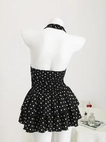 Elamini Black And White Polka Dot,Summer,1960s Vintage,Holiday,Tea Party,Holiday Women's Deep V-Neck Halter Backless Fitted Mini Dress With Ruffle Hem,Boho - Black - View 2