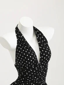 Elamini Black And White Polka Dot,Summer,1960s Vintage,Holiday,Tea Party,Holiday Women's Deep V-Neck Halter Backless Fitted Mini Dress With Ruffle Hem,Boho - Black - View 5