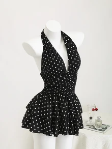 Elamini Black And White Polka Dot,Summer,1960s Vintage,Holiday,Tea Party,Holiday Women's Deep V-Neck Halter Backless Fitted Mini Dress With Ruffle Hem,Boho - Black - View 4