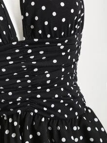 Elamini Black And White Polka Dot,Summer,1960s Vintage,Holiday,Tea Party,Holiday Women's Deep V-Neck Halter Backless Fitted Mini Dress With Ruffle Hem,Boho - Black - View 8