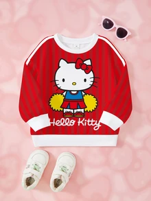 HELLO KITTY AND FRIENDS | SHEIN كنزة رياضية مطبوعة برسومات كرتونية مخططة بألوان متباينة للفتيات الصغيرات - أبيض - مشاهدة 1