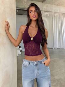 Aloruh Women's Sexy Lace Patchwork Solid Black Camisole Top, Summer,Summer Top - Purple - View 8
