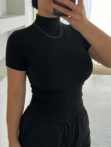 Dazy Plus Elastic Fitted Knit Casual Cargo High Neck Base Layer Short Sleeve Black Fall Pullover T-Shirt Homewear Going Out - Black - View 4