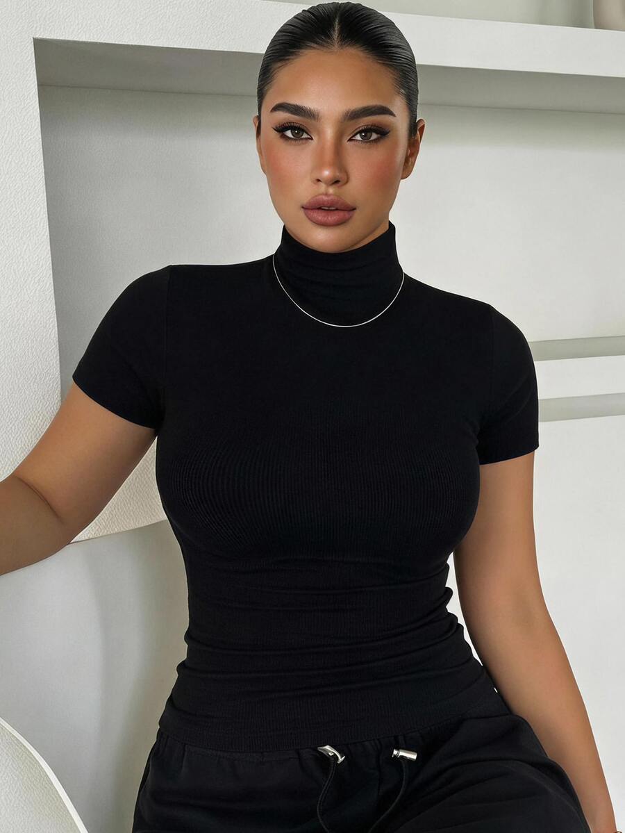 Dazy Plus Elastic Fitted Knit Casual Cargo High Neck Base Layer Short Sleeve Black Fall Pullover T-Shirt Homewear Going Out - Black - View 1