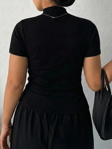 Dazy Plus Elastic Fitted Knit Casual Cargo High Neck Base Layer Short Sleeve Black Fall Pullover T-Shirt Homewear Going Out - Black - View 3
