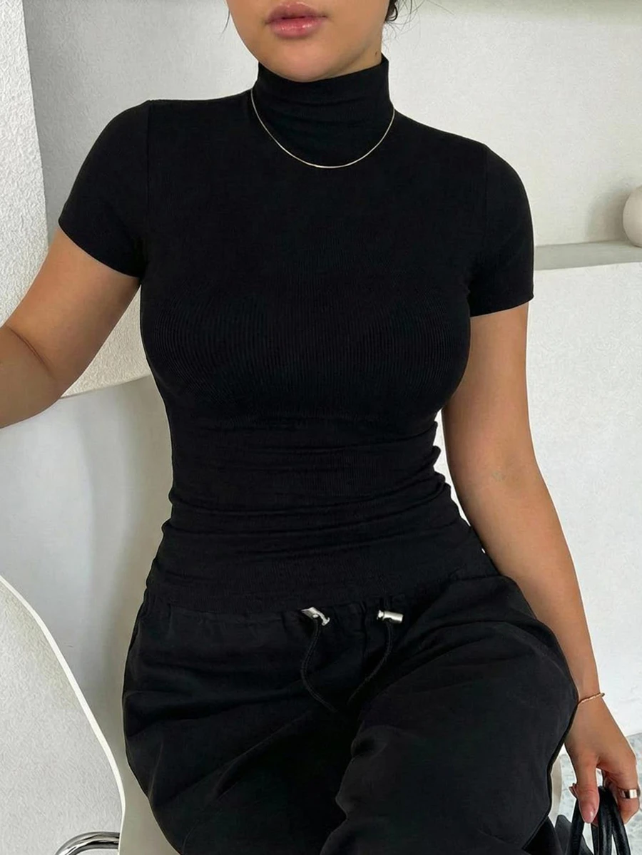 Dazy Plus Elastic Fitted Knit Casual Cargo High Neck Base Layer Short Sleeve Black Fall Pullover T-Shirt Homewear Going Out - Black - View 1