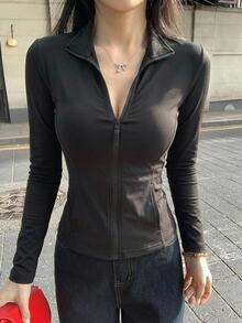 DAZY Women's Regular Fit Casual Sport Zip-Up Bomber Jacket, Spring,Fall Women Clothes Women Coats - Black - View 6