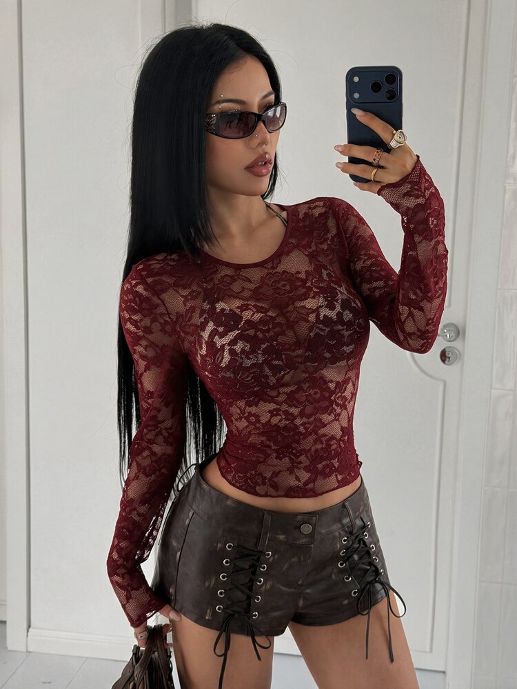 StreetHx Sexy Black Floral Lace Sheer Top, Fitted Mesh Base Layer - Maroon - View 8