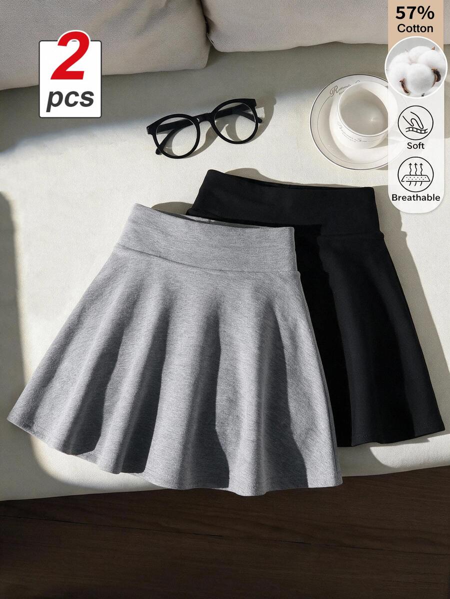 SHEIN 青少年女孩 2 件組滑板裙內含內褲 喇叭 A 字百褶迷你黑色裙 秋冬返校校服休閒穿搭套裝