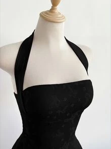 Elamini 女士甜美露背撞色网纱蝴蝶印花迷你派对连衣裙，收腰性感，可爱蝴蝶结后背设计 - 黑色 - 查看 4
