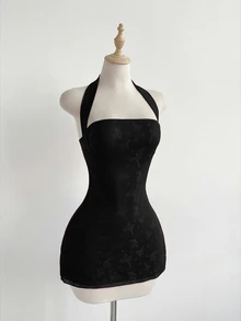 Elamini 女士甜美露背撞色网纱蝴蝶印花迷你派对连衣裙，收腰性感，可爱蝴蝶结后背设计 - 黑色 - 查看 3