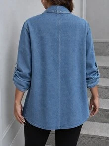 EMERY ROSE Plus Size Women's Casual Open Front Jacket With Large Lapel And Rolled Cuffs Fall - Blue - View 2