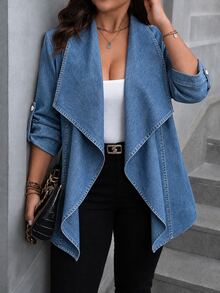 EMERY ROSE Plus Size Women's Casual Open Front Jacket With Large Lapel And Rolled Cuffs Fall - Blue - View 4