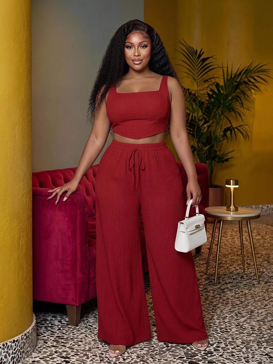 Veslaya Spring Summer Resort Casual Bohemian Boho Red Fish Bone Strap Top And Wide Leg Pants Pocketed 2 Pieces Set Textured Fabric Women Plus Size Suit Beach - Red - View 1